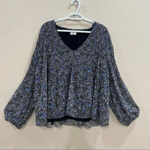 Aritzia Wilfred Daydreamer V Neck Pleated Blue Floral Puff Sleeve Sz XL Boho EUC